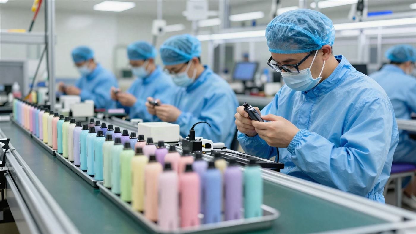 Workers assembling disposable vape devices on a factory line in China